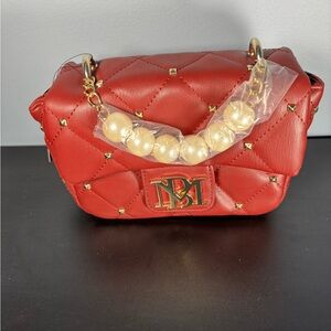 Badgley Mischka Wine Quilted Studded Chain- Pearl Handle/Crossbody Bag